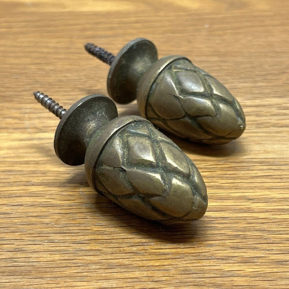 Antique Pair Solid Brass Screw-In Finials Pinecone Acorn Mounting Screw Vintage